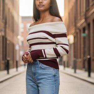 vintage 90s Basic Styles Burgundy stripe Cream Knit off the shoulder top sweater